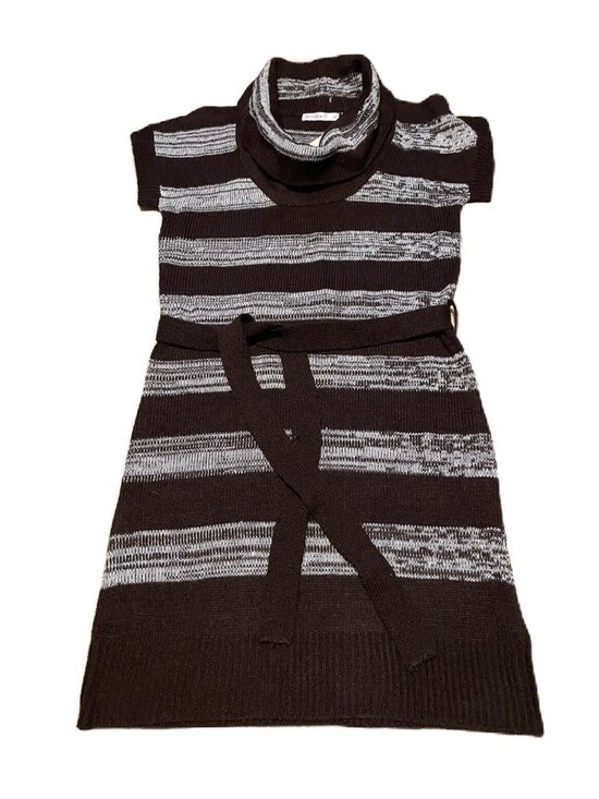 Dresses & Skirts - Women Sweater Dress Cowl Neck Short Sleeve Stripe Belted Brown Size Large